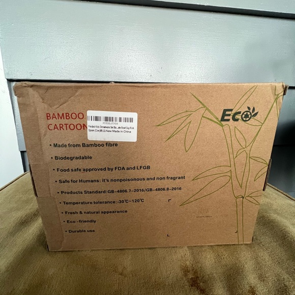 NEW Dinnerware Set Bamboo 5 Pcs with Plate Bowl Cup Fork Spoon (Cow) - Picture 5 of 7